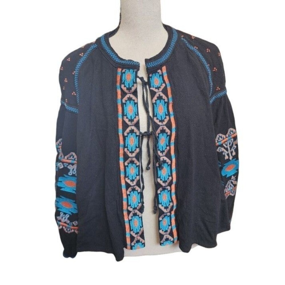 L & B Embroidered Boho Swing Jacket Size 2X Black Front Ties Balloon Sleeves